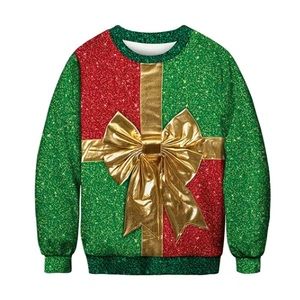 🆕Ugly Christmas Pullover 3D Graphic Long Sleeve Gift Pullover w/Bow Size M
